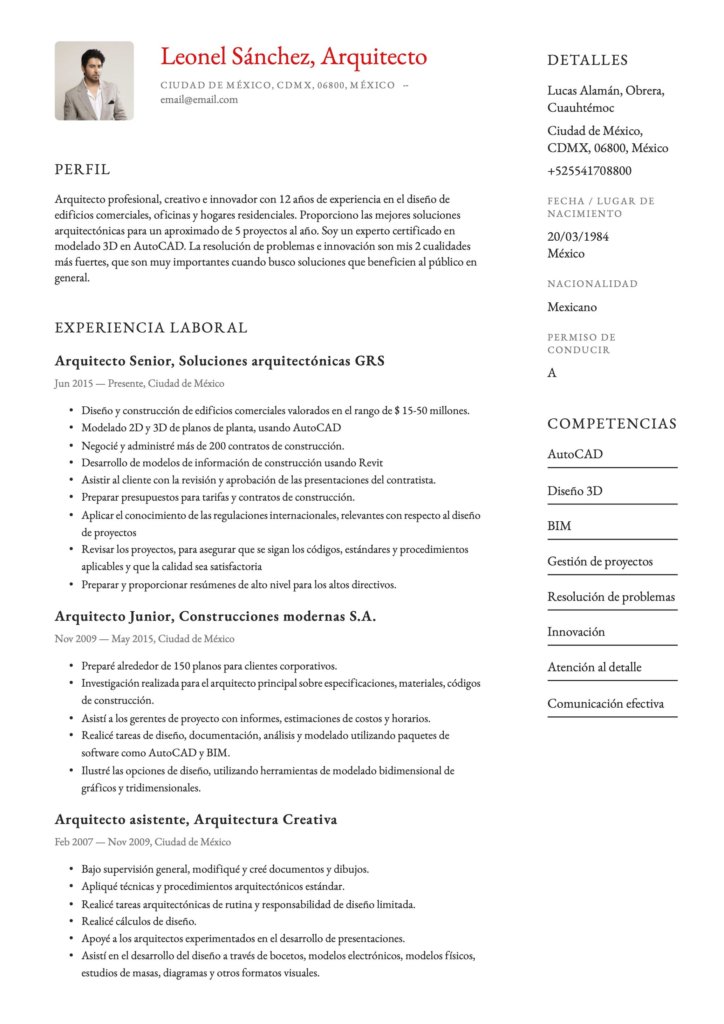 Currículum para arquitecto