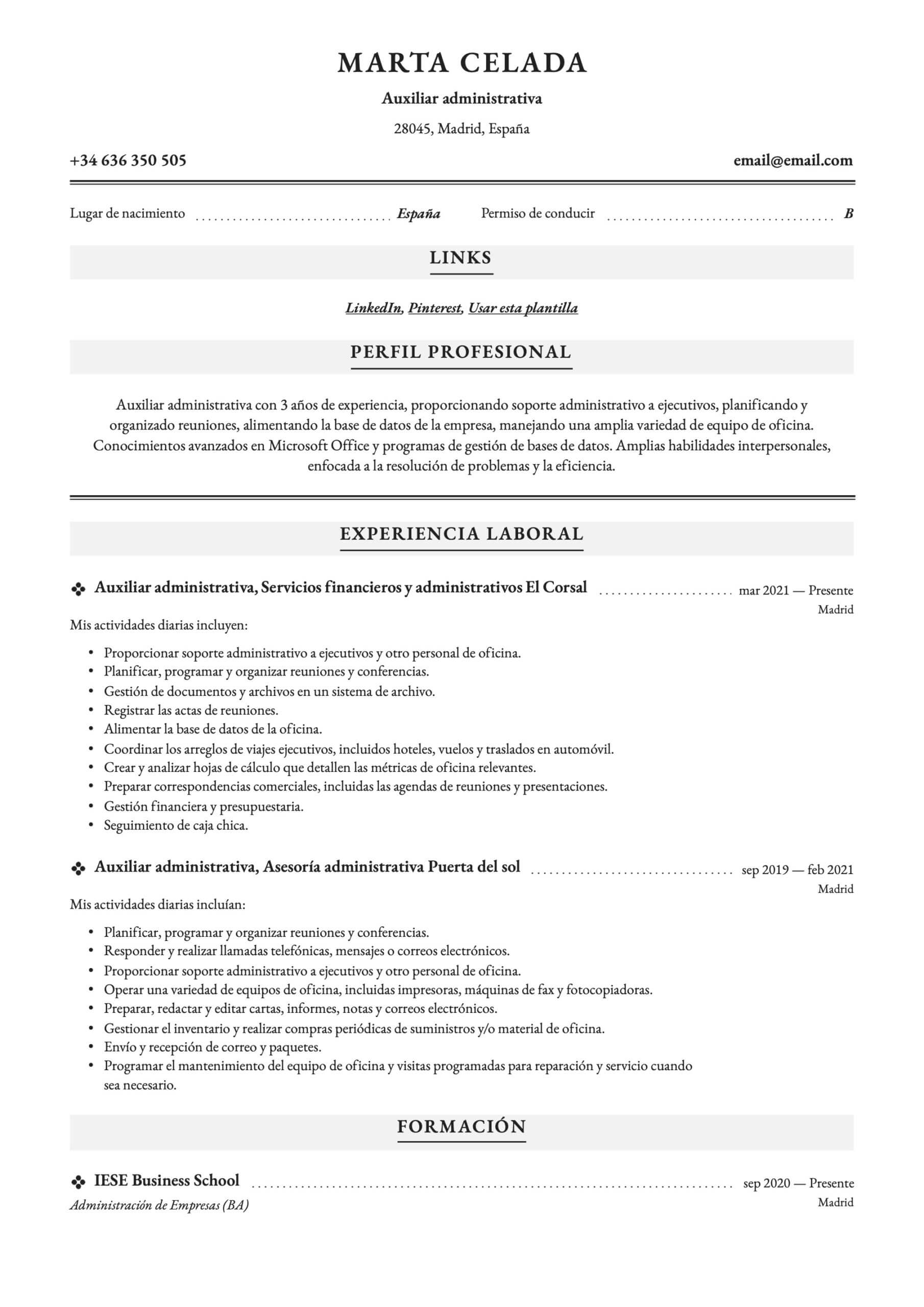Ejemplo de CV para Auxiliar administrativo