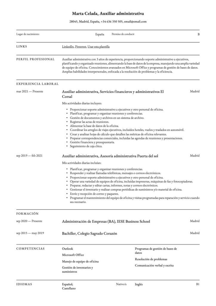 Currículum para Auxiliar administrativo