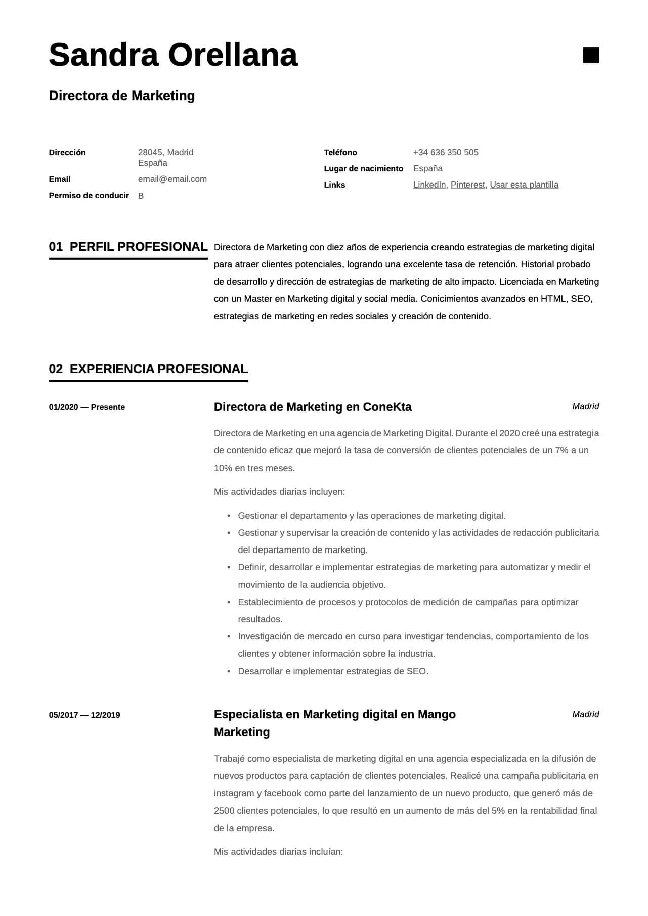 Plantilla de CV para Director de marketing digital