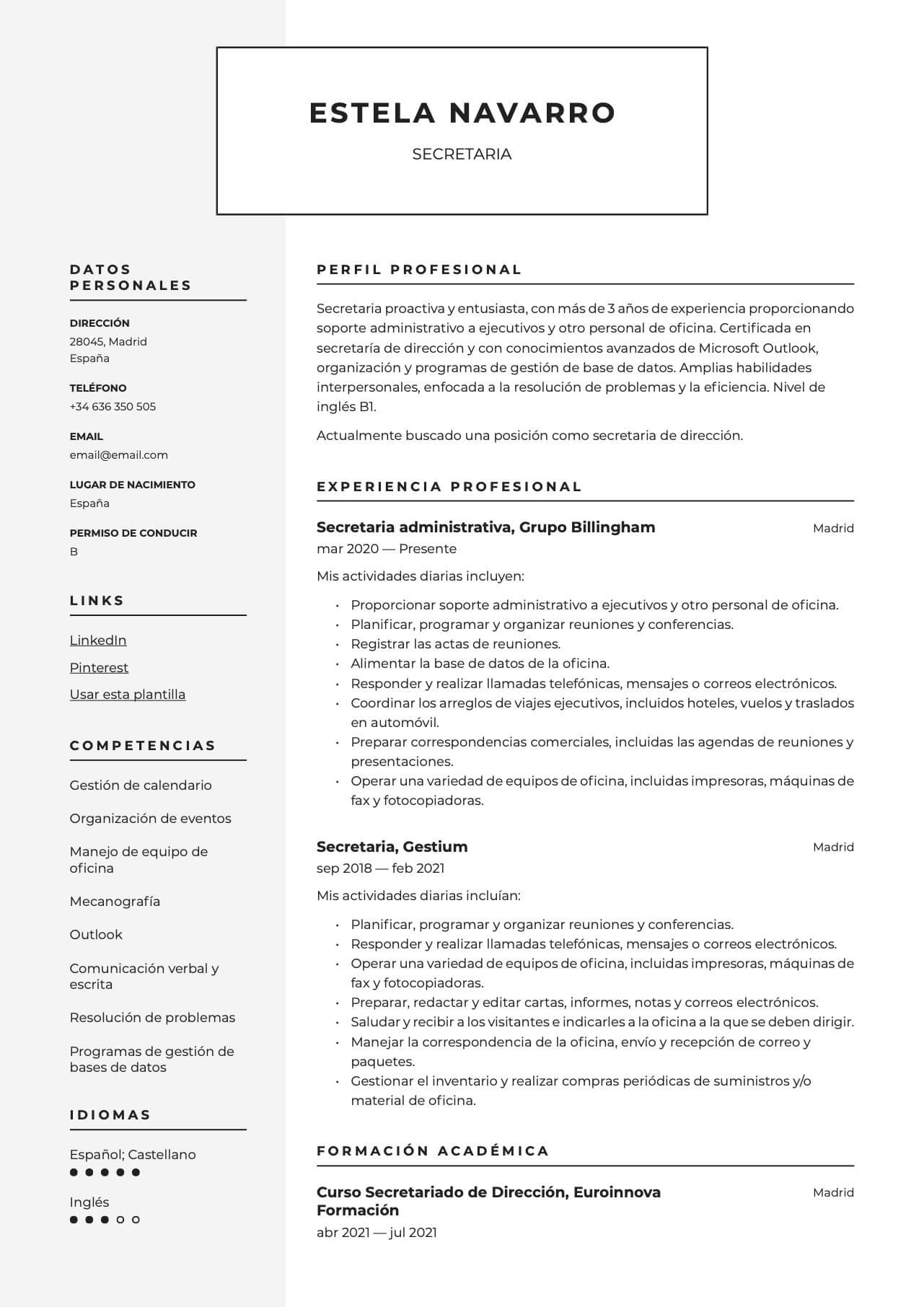 Currículum de secretaria - Crea tu CV GRATIS - 21 plantillas