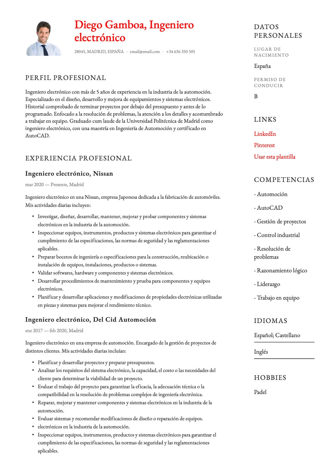 Currículum Vitae Ingeniero electrónico