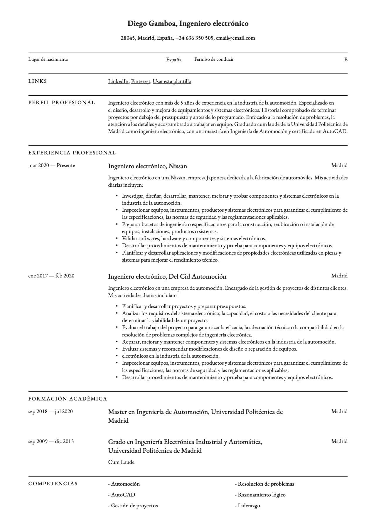 Currículum Vitae Ingeniero electrónico
