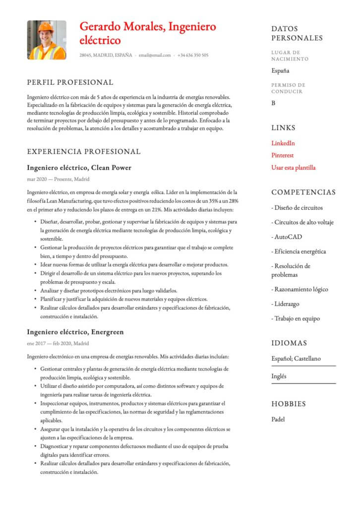 Currículum Vitae Ingeniero eléctrico