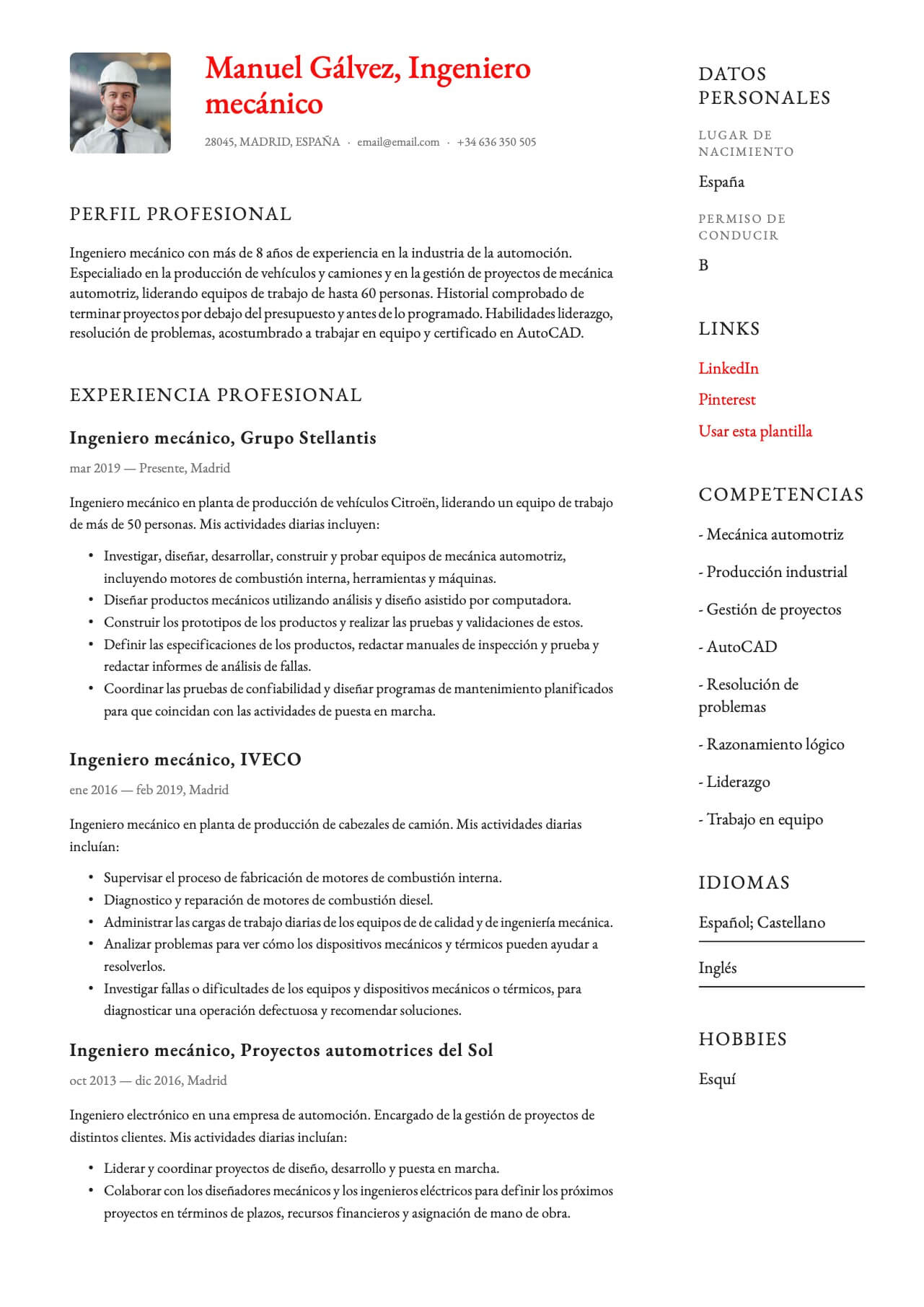 Currículum Vitae Ingeniero mecánico
